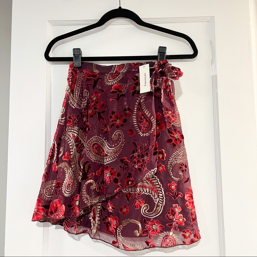 FRANCESCA Embroidered Velvet Bohemian Red Tie Waist Skirt NWT Size S $44
